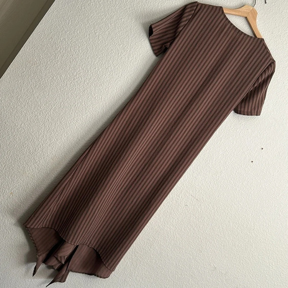 Zara Ruffled Ruched Dress V Neck Short Sleeve Brown Black Stripes Size Small - Picture 7 of 11